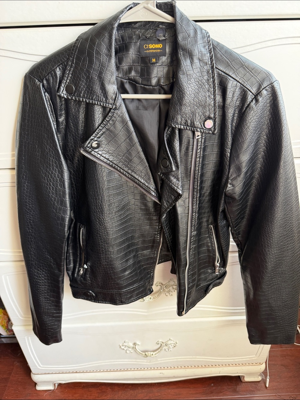 Soho Black Croc-Embossed Faux Leather Moto Jacket